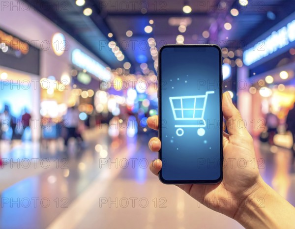 Hand holding smartphone glowing shopping cart icon poster symbolizing online shopping, e-commerce, and futuristic digital commerce, AI generated