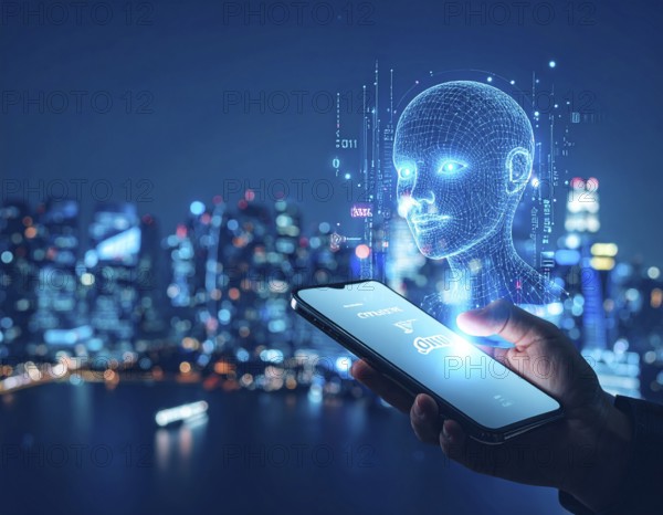 Futuristic AI chatbot hologram symbolizing digital communication, smart assistance, and innovative technology, AI generated