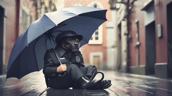 Conceptual man with umbrella rain art poster, symbolizing resilience, strength, and motivation through stormy journeys, AI generated