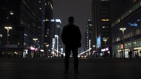 Celebrate ambition with man silhouette cityscape art, a motivational poster symbolizing dreams, growth, and modern journeys, AI generated