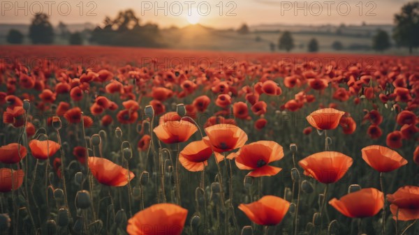 Poppy field wall art print featuring a blooming landscape, celebrating natural beauty, harmony, and vibrant floral elegance, AI generated