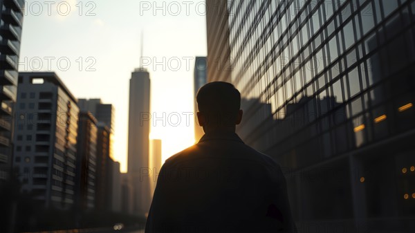 Man silhouette with modern cityscape art print, symbolizing reflection, ambition, and journeys within urban life, AI generated
