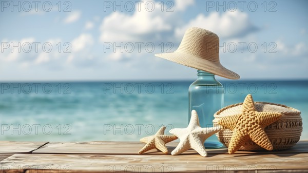 Summer holiday concept poster with starfish, sunglasses, and hat, symbolizing relaxation, joy, and seaside vibes, AI generated