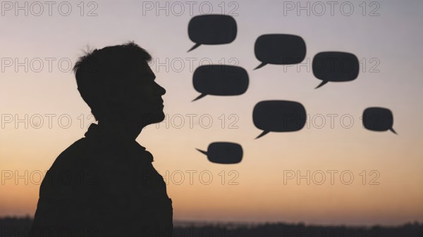 Thinking man silhouette with speech bubble concept, symbolizing dialogue, reflection, creative ideas, learning, and communication, AI generated