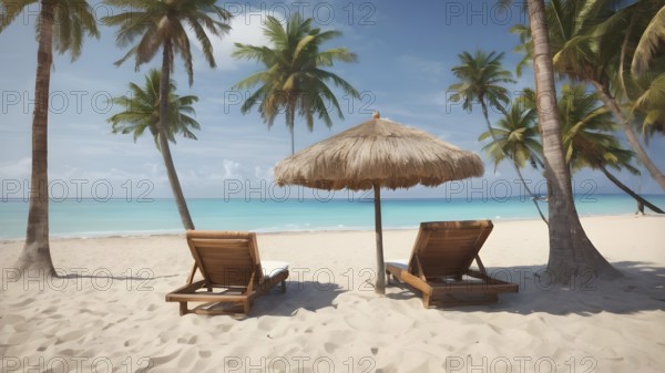 Pair of beach chairs seaside art print, holiday concept poster symbolizing companionship, relaxation, and ocean tranquility, AI generated