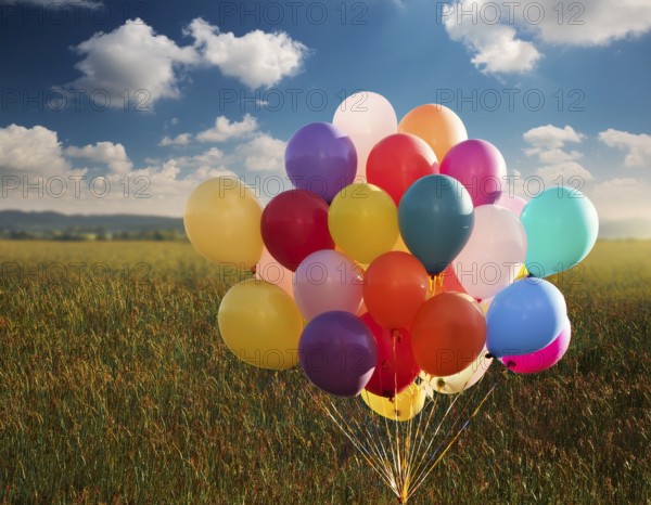 Bunch of balloons flying in the blue sky. The concept of a holiday, congratulations, gifts, events, AI generated