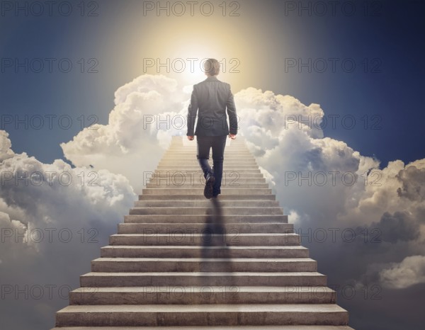 Man climbing up stairs towards an open door in the sky with clouds. Ladder of Success. AI generated image, ai