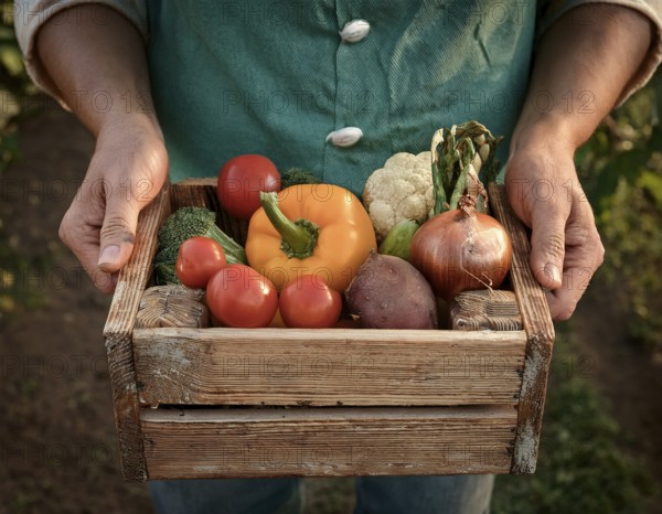 Man holding wooden crate with vegetables. Wooden box filled with fresh food products and ready for delivery, AI generated