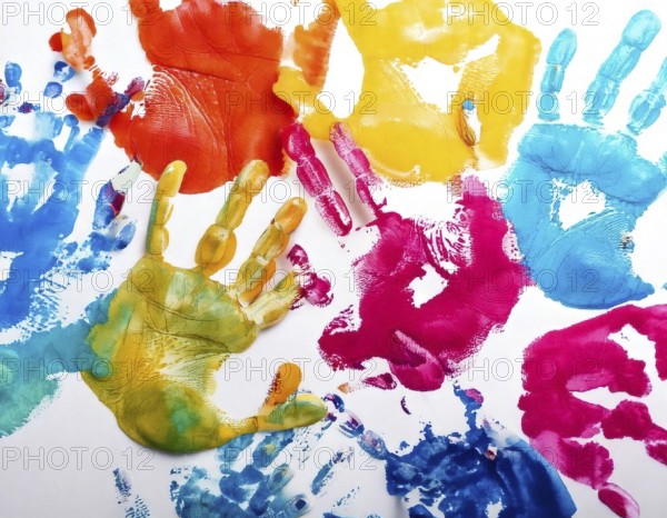 Vibrant multicolored handprints on white background, symbolizing creativity, playful expression, imagination, and artistic colorful design, AI generated