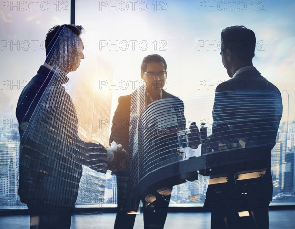 Double exposure image of business people with a modern city. Concept of teamwork, AI generated