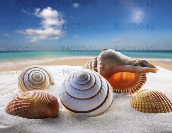 Composition with beach water, sand, starfish and seashells. Summer vacations concept, AI generated