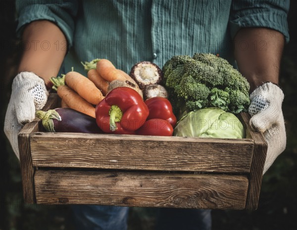 Man holding wooden crate with vegetables. Wooden box filled with fresh food products and ready for delivery, AI generated