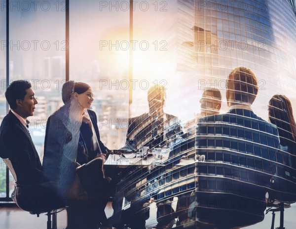 Double exposure image of business people with a modern city. Concept of teamwork, AI generated