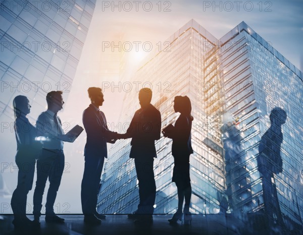 Double exposure image of business people with a modern city. Concept of teamwork, AI generated