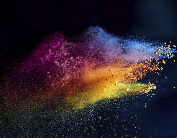 A colorful explosion powder on black background.. Multicolored powder explosion, AI generated
