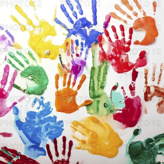 Vibrant multicolored handprints on white background, symbolizing creativity, playful expression, imagination, and artistic colorful design, AI generated
