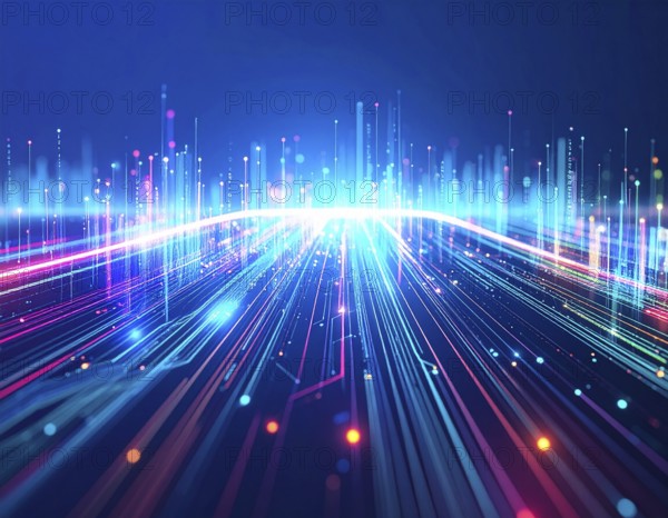 Abstract cyber grid wall art design with glowing digital lines, futuristic network visualization, and neon-inspired technology patterns, AI generated