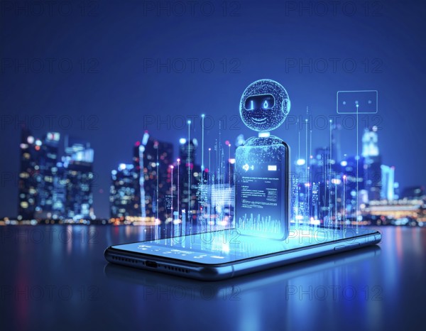 Futuristic AI chatbot hologram symbolizing digital communication, smart assistance, and innovative technology, AI generated