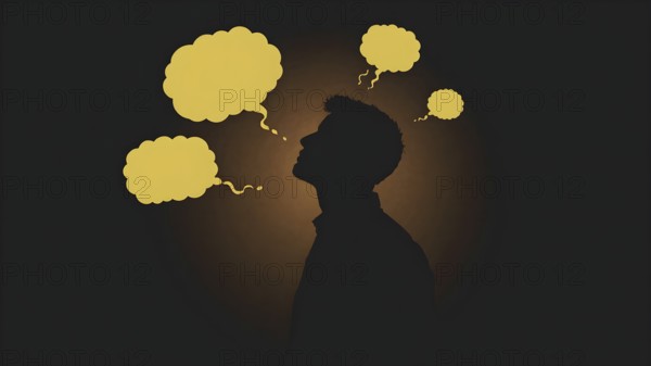 Thinking man silhouette with speech bubble concept, symbolizing dialogue, reflection, creative ideas, learning, and communication, AI generated