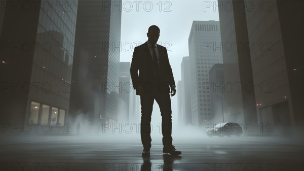 Man silhouette with modern cityscape art print, symbolizing reflection, ambition, and journeys within urban life, AI generated