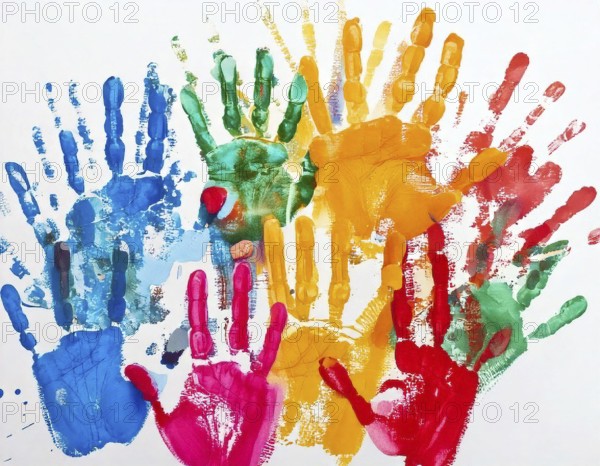 Vibrant multicolored handprints on white background, symbolizing creativity, playful expression, imagination, and artistic colorful design, AI generated