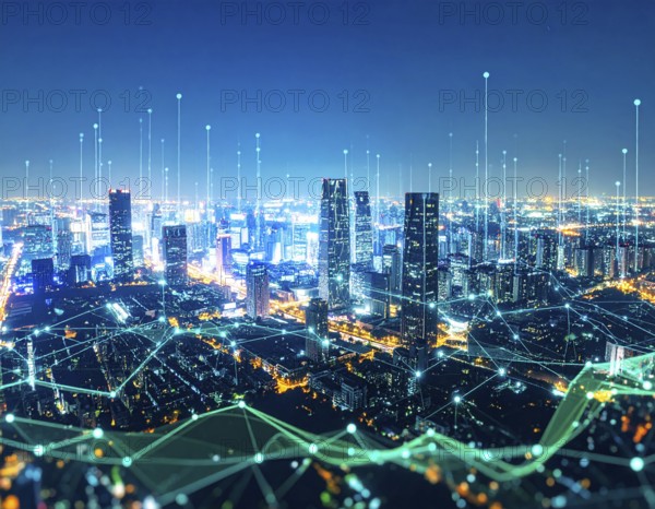 A futuristic smart city skyline illuminated with neon lights, symbolizing technology, innovation, and advanced digital urban life, AI generated