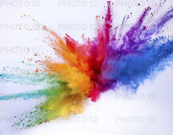 A colorful explosion powder on white background.. Multicolored powder explosion, AI generated