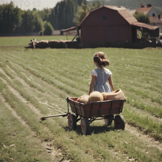 Little caucasian girl pulling a cart.. concept of hard work, challenge and determination. AI generated image, ai