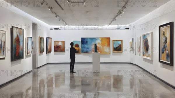 People look paintings on exhibition in an art gallery, AI generated
