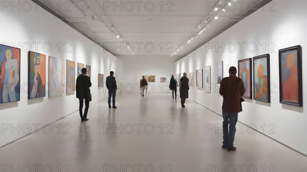 People look paintings on exhibition in an art gallery, AI generated