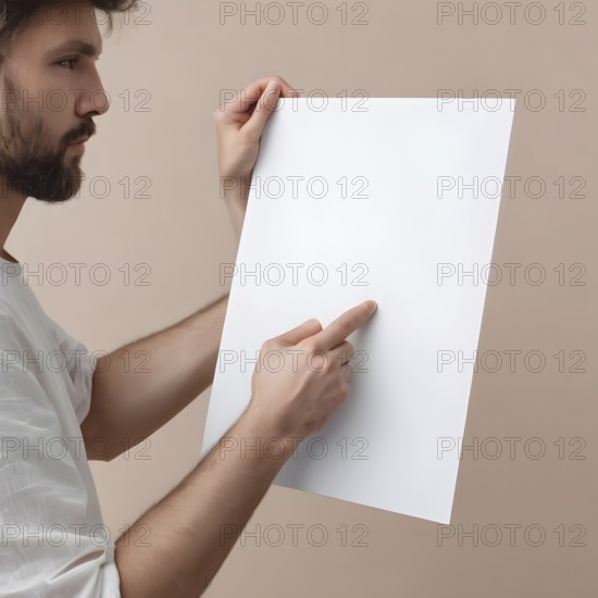 Hand holding a sheet of paper in hand.. AI generated image, ai