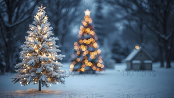Winter view with Christmas tree in light. Christmas and New Year background. AI generated image