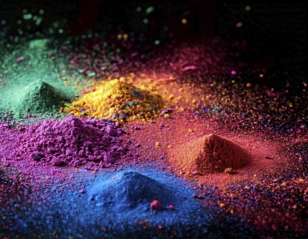 A colorful explosion powder on black background.. Multicolored powder explosion, AI generated