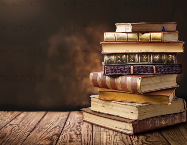 Old books arranged highlighting their historical significance. Neatly arranged representing a collection of wisdom, AI generated