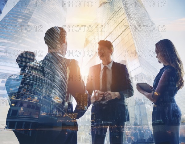 Double exposure image of business people with a modern city. Concept of teamwork, AI generated