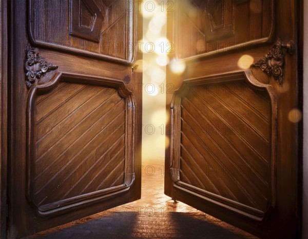 Vintage door ajar in the middle with glowing magical warm lights on the other side, AI generated