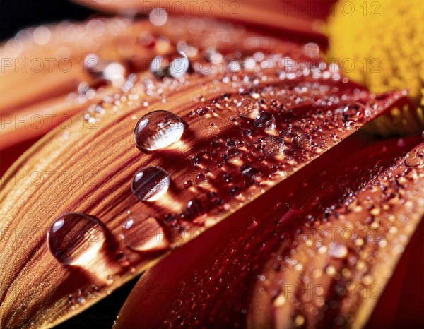 Macro photograph showcasing intricate water droplets on a colorful flower petal, emphasizing vibrant hues and natural detail. The crisp light and reflections create a vivid, serene, and natural atmosphere, AI generated