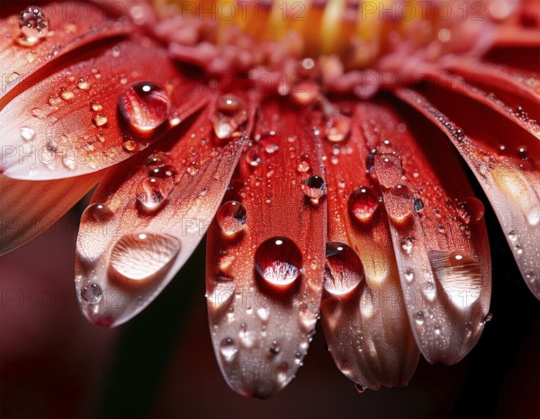 Macro photograph showcasing intricate water droplets on a colorful flower petal, emphasizing vibrant hues and natural detail. The crisp light and reflections create a vivid, serene, and natural atmosphere, AI generated