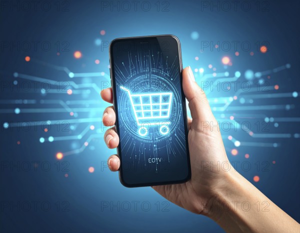 Hand holding smartphone glowing shopping cart icon poster symbolizing online shopping, e-commerce, and futuristic digital commerce, AI generated