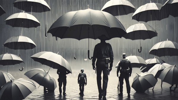 Conceptual man with umbrella rain art poster, symbolizing resilience, strength, and motivation through stormy journeys, AI generated