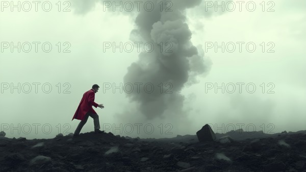 Concept risk taking, safety, challenge, concentration. Surreal adventure, epic scene decision to reach a goal. AI generated image
