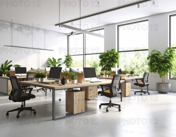 Modern coworking space with laptops, coffee cups, plants, and daylight showcasing minimal interior design and productivity, AI generated