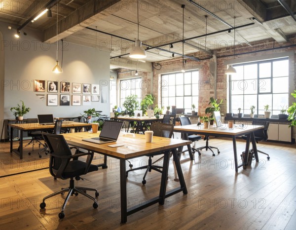 Modern coworking space with laptops, coffee cups, plants, and daylight showcasing minimal interior design and productivity, AI generated
