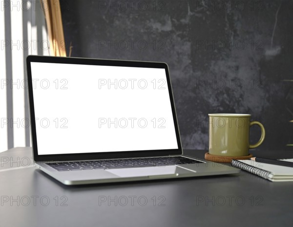 Laptop computer placed on an office desk concept image representing workspace, digital technology, business productivity, and professionalism, AI generated