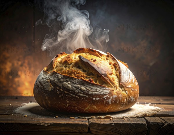 Fresh baked bread steaming on rustic wooden background, symbolizing artisanal baking, tradition, warmth, and homemade food photography, AI generated