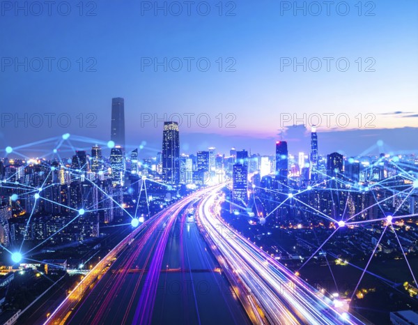 A futuristic smart city skyline illuminated with neon lights, symbolizing technology, innovation, and advanced digital urban life, AI generated