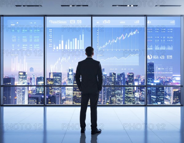 A businessman reviewing financial data on digital screen, representing investment planning, corporate growth, and strategic success, AI generated