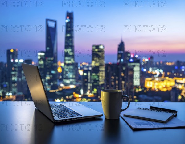 A laptop computer on an office desk, symbolizing modern workspace, remote work, digital technology, and productivity, AI generated