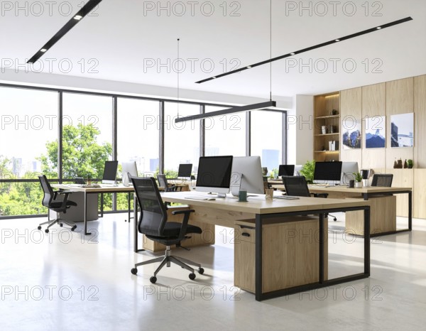 Modern coworking space with laptops, coffee cups, plants, and daylight showcasing minimal interior design and productivity, AI generated