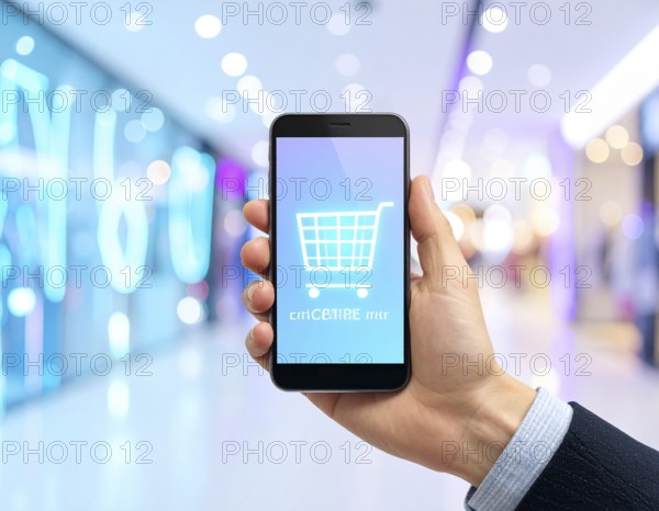 Hand holding smartphone glowing shopping cart icon poster symbolizing online shopping, e-commerce, and futuristic digital commerce, AI generated